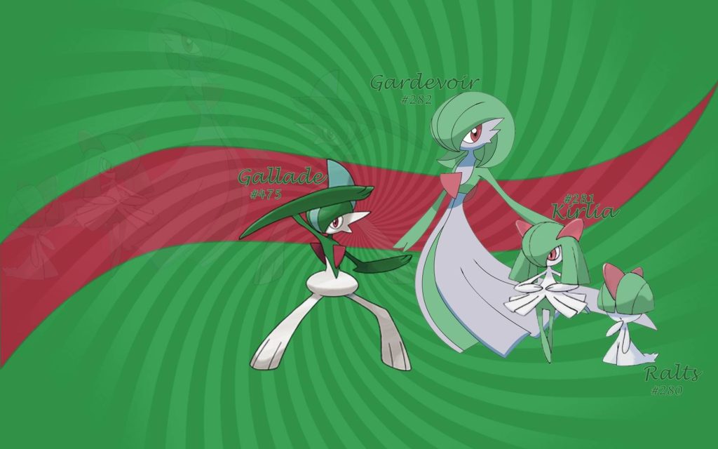 Gallade Gardevoir Kirlia Ralts Pokémon evolution digital wallpaper green radial background desktop