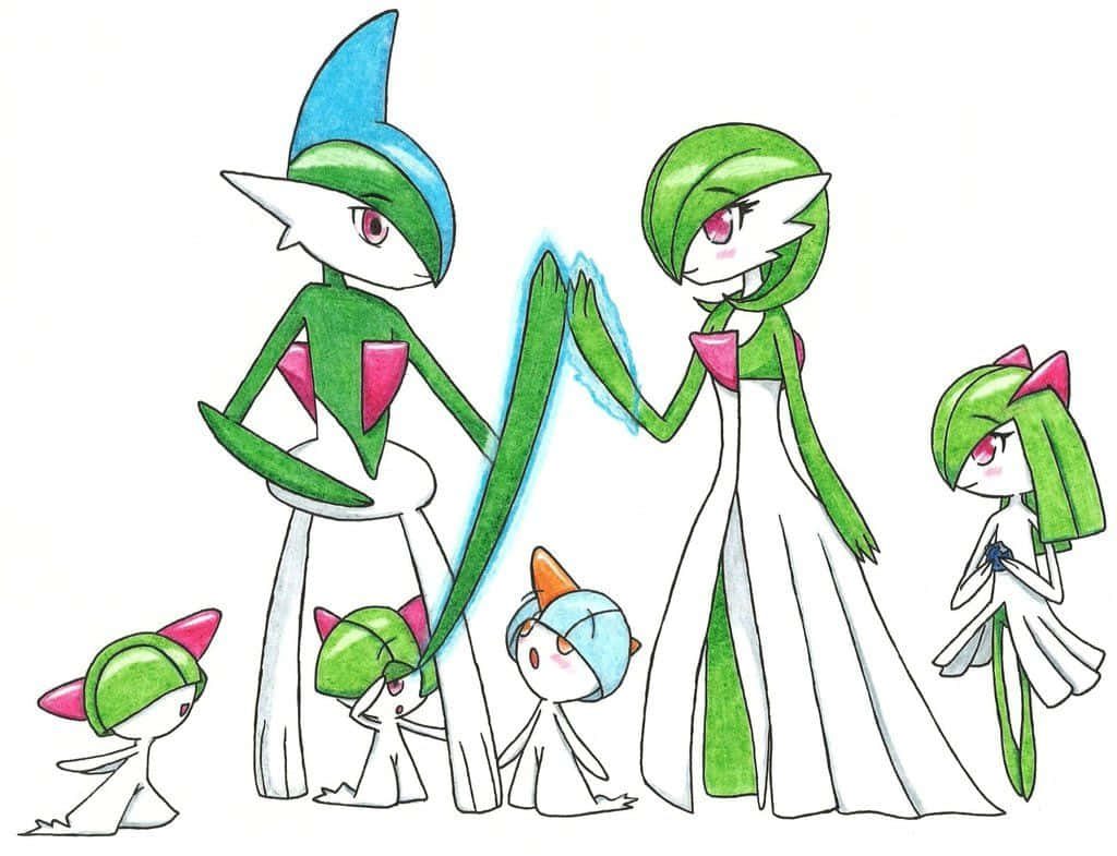 Hand-drawn Pokémon Ralts evolutionary line with Gallade Gardevoir Kirlia colorful anime art wallpaper