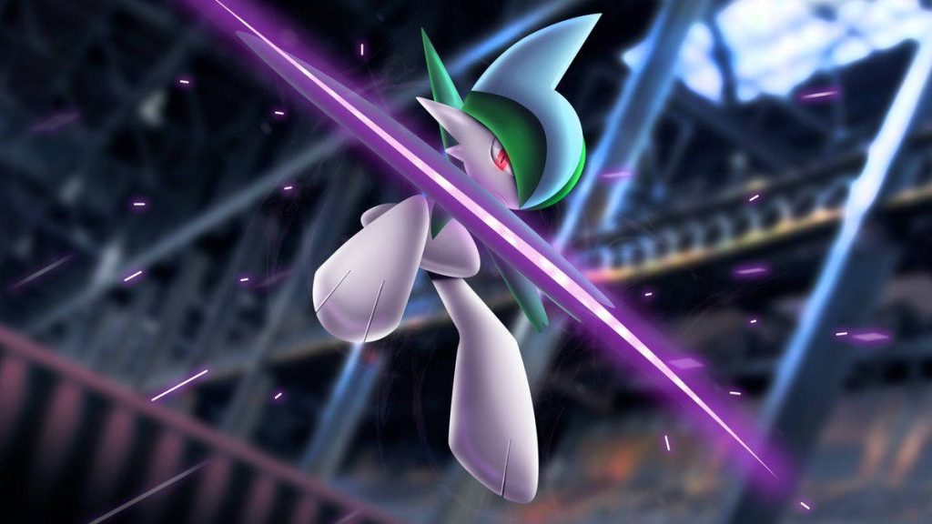 Gallade performing glowing purple energy slash in dynamic digital Pokémon wallpaper background