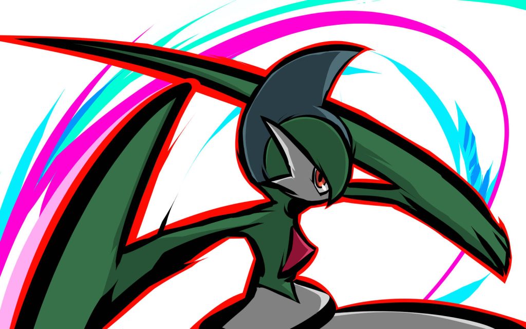 Gallade Pokémon digital art slashing move neon pink cyan energy trails minimalist wallpaper