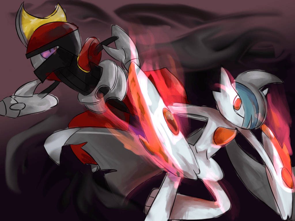Gallade and Bisharp battling with red energy effects in a dynamic digital Pokémon wallpaper