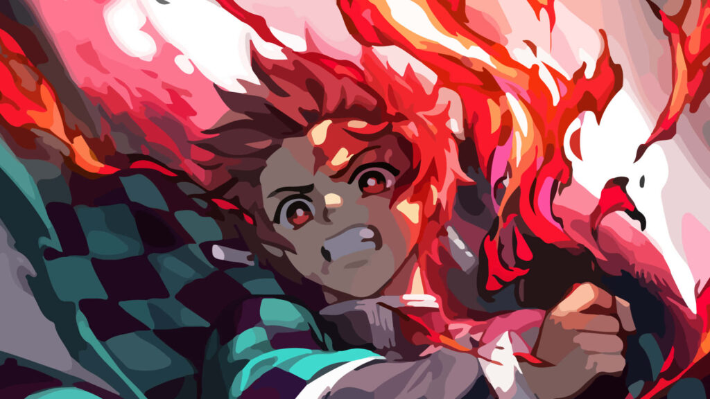 Tanjiro Kamado: Intense Red and Green Aesthetic Wallpaper