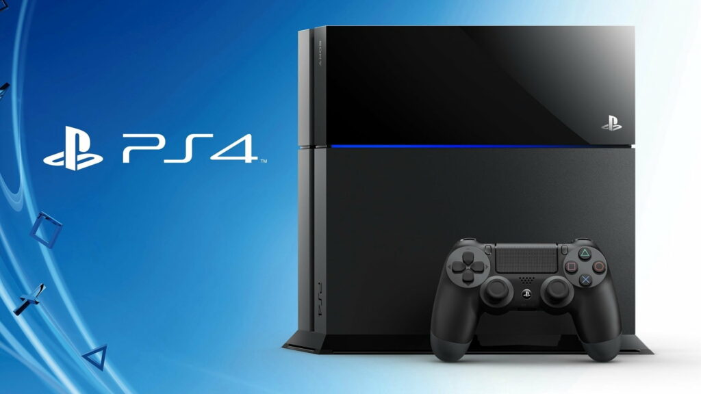 Original Sony PlayStation 4 console with DualShock 4 controller on vibrant blue abstract background Wallpaper