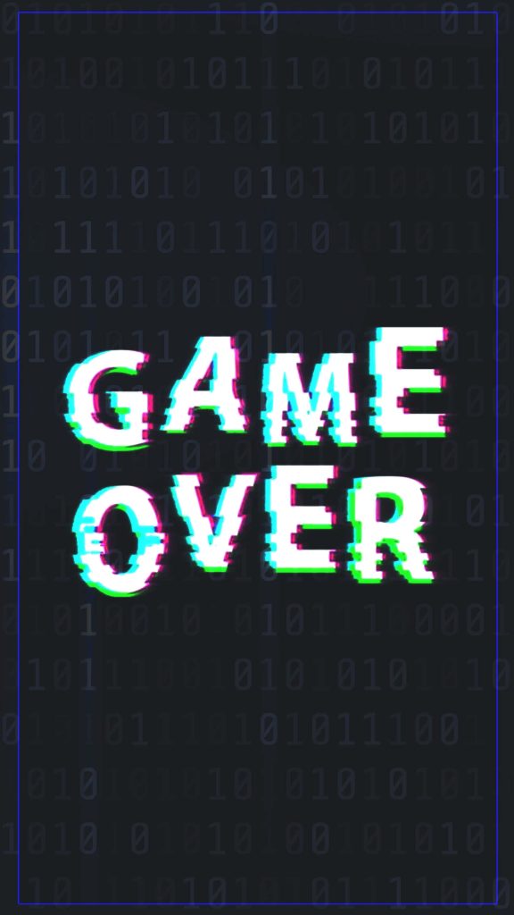 GAME OVER glitch text wallpaper with chromatic aberration on dark binary code digital background
