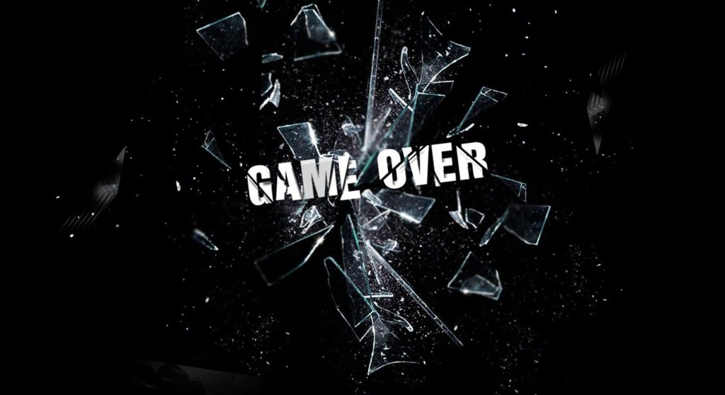 GAME OVER wallpaper with bold white shattered glass text on black background dramatic gaming art