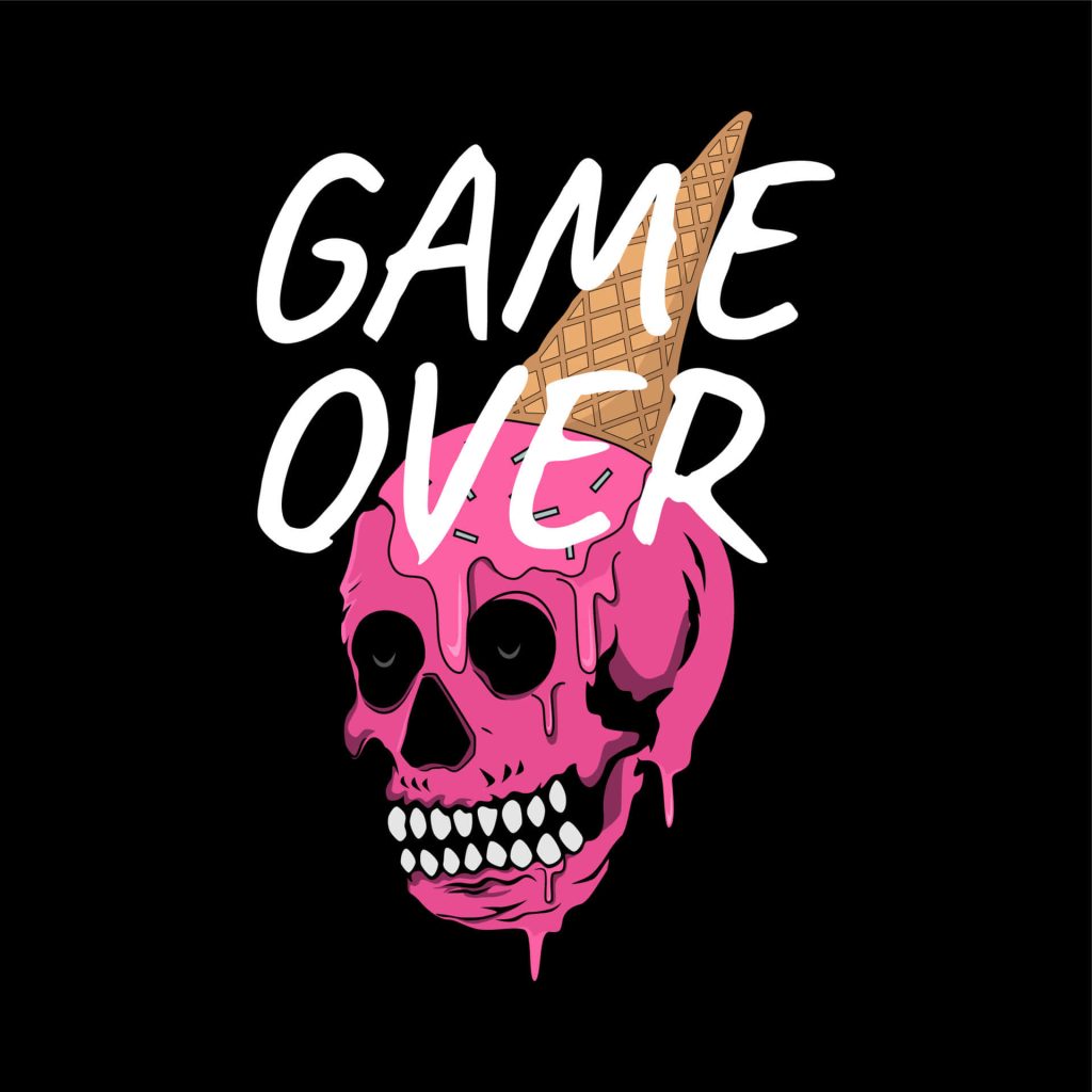 Edgy digital art skull with melting pink waffle cone and bold white Game Over text on black background Wallpaper