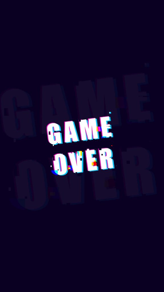 GAME OVER wallpaper with glitch effect white text on dark moody background retro gaming design