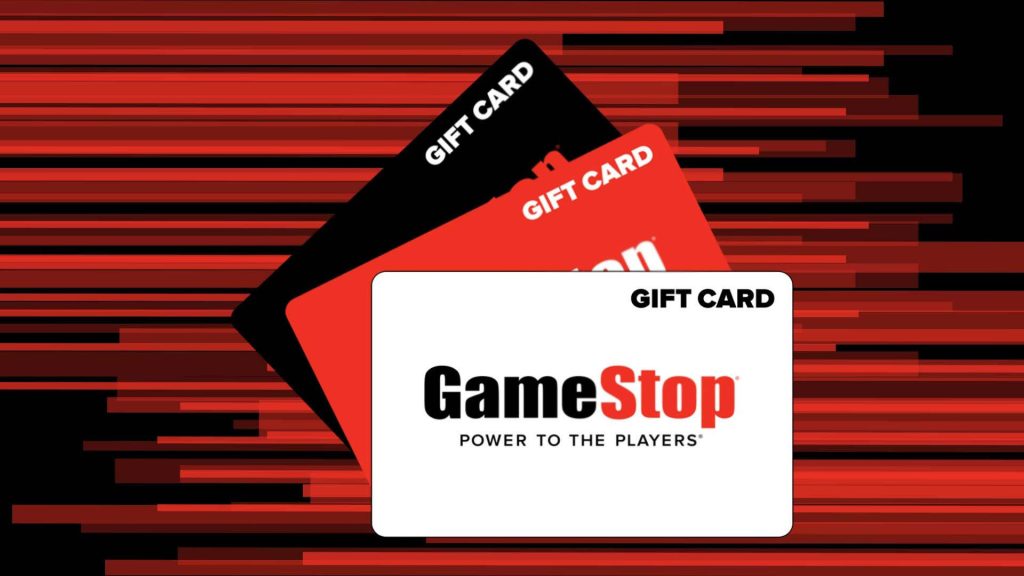 GameStop gift card wallpaper with stacked Power to the Players design on red black background