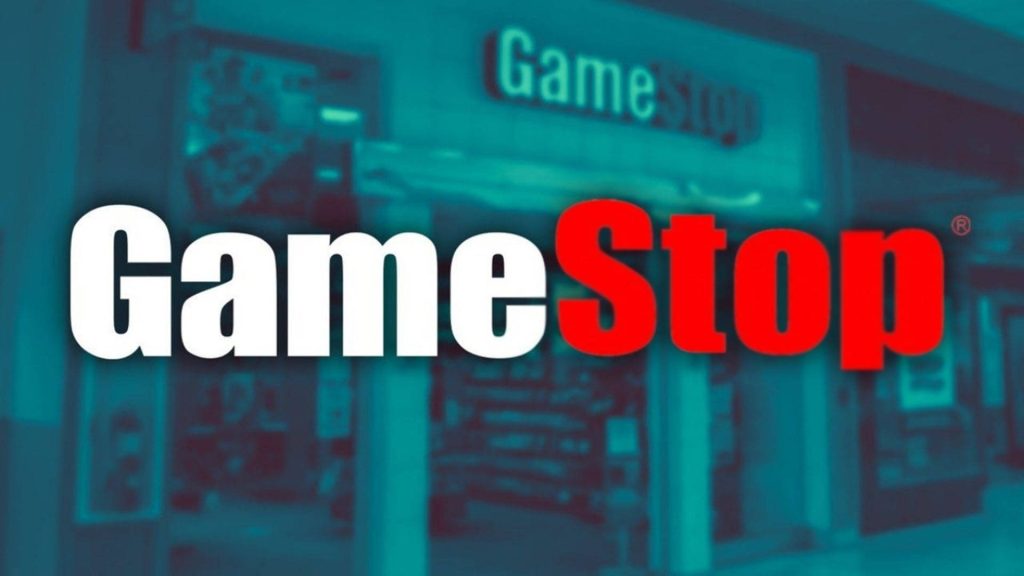 GameStop logo white and red on dark teal blurred storefront wallpaper gaming desktop background