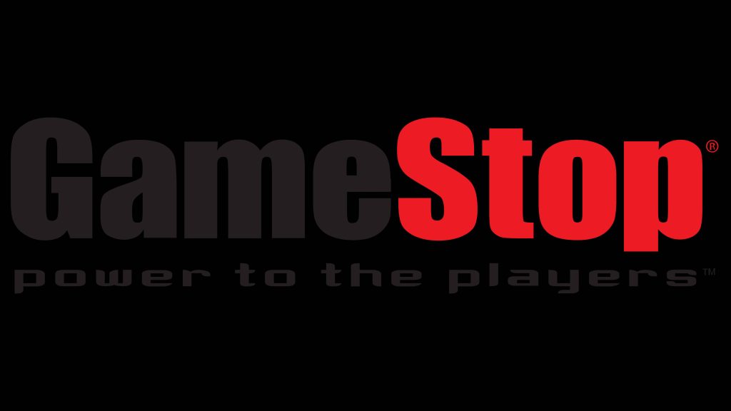 GameStop logo wallpaper black background bold dark grey Game Stop red slogan gaming setup