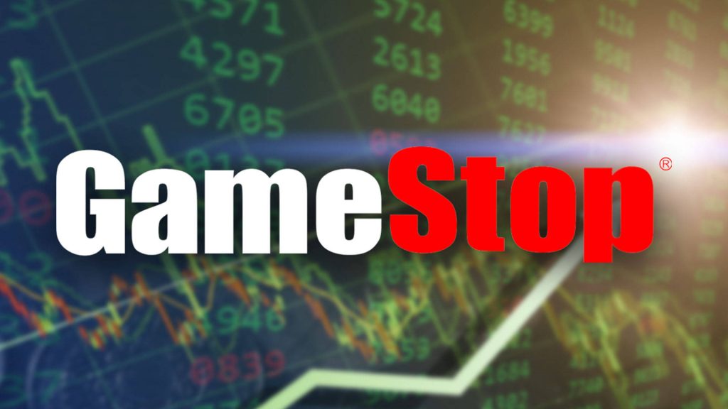 GameStop logo wallpaper with blurred stock market data and lens glare digital finance background