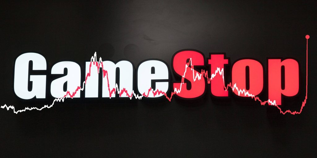 GameStop logo with sharp red bullish stock market graph on minimalist black background wallpaper