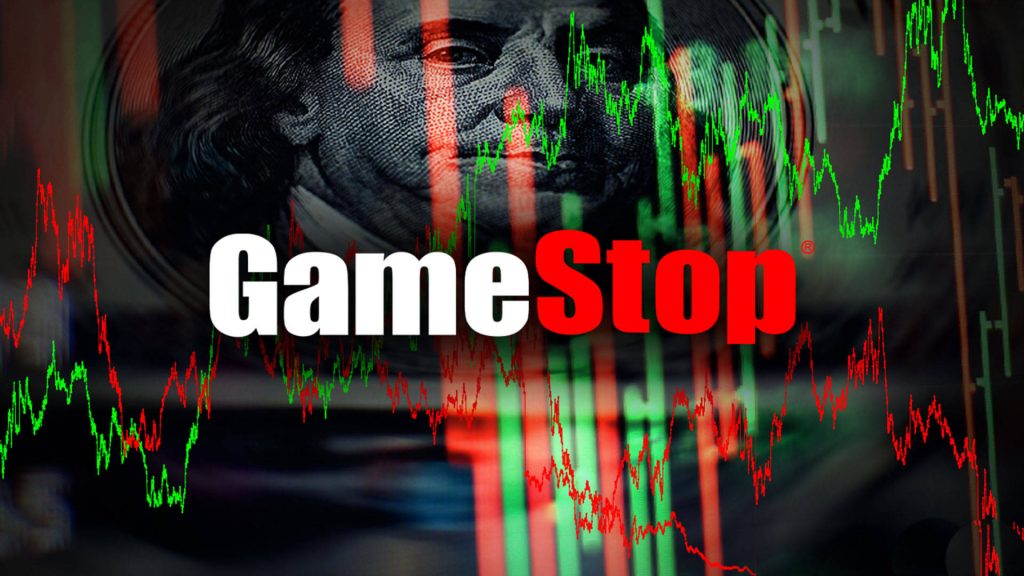 GameStop logo on hundred dollar bill with green red stock market graphs digital art wallpaper