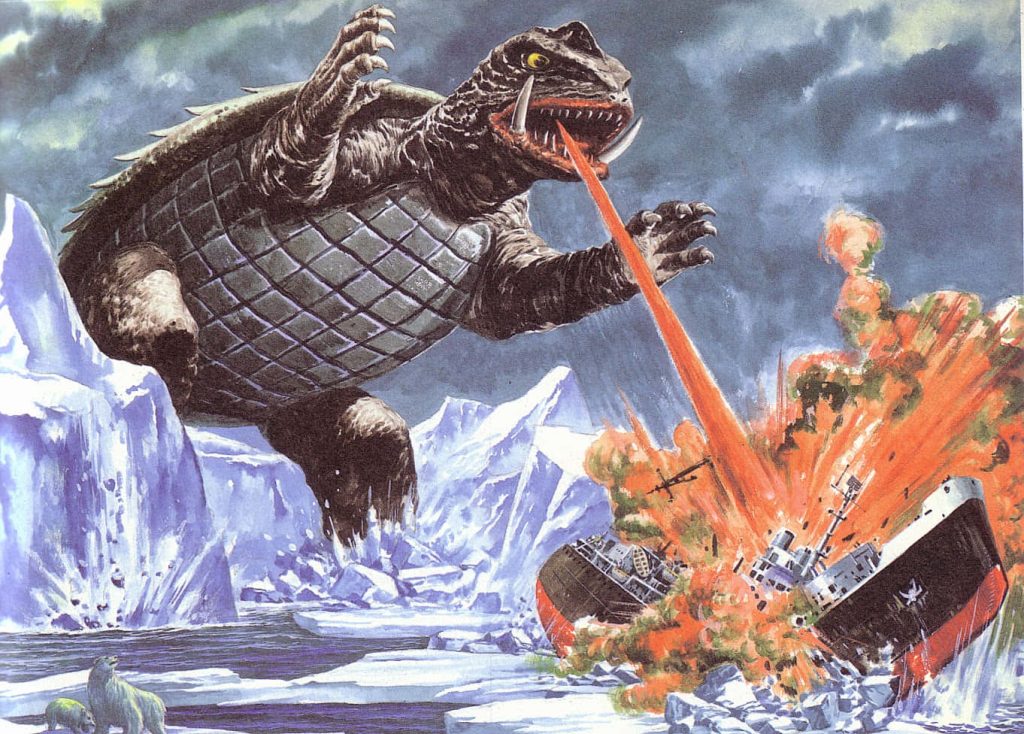 Vintage illustration of giant kaiju Gamera firing flames at burning tanker in Arctic battle Wallpaper