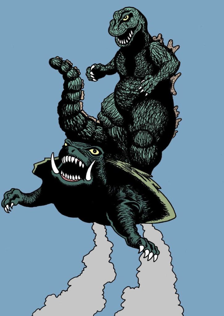 Retro comic art of Gamera flying with Godzilla on his back against blue sky background Wallpaper
