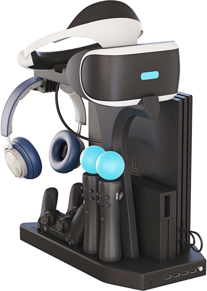 Gaming accessories wallpaper with PS4 stand PSVR headset headphones controllers on white background