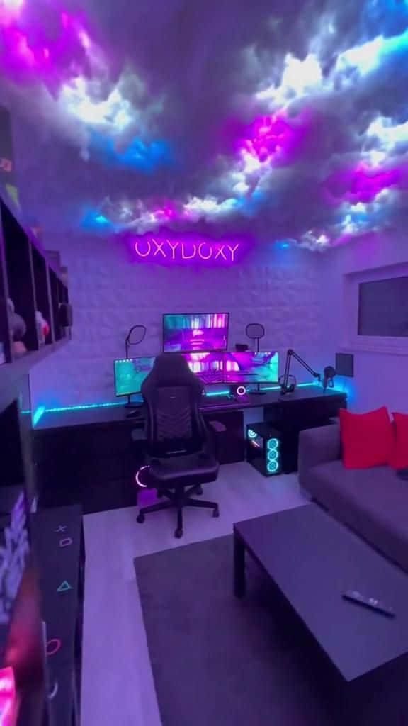 Gaming chair wallpaper with neon UXYDOXY sign glowing cloud ceiling and triple-monitor setup