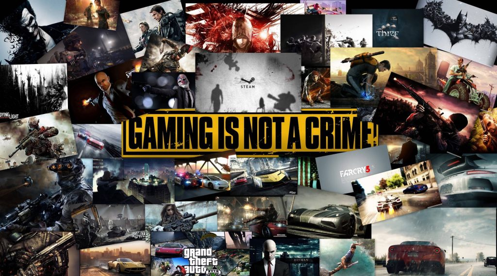 Gaming Is Not A Crime wallpaper with Agent 47 GTA V Far Cry 3 and intense racing scenes background