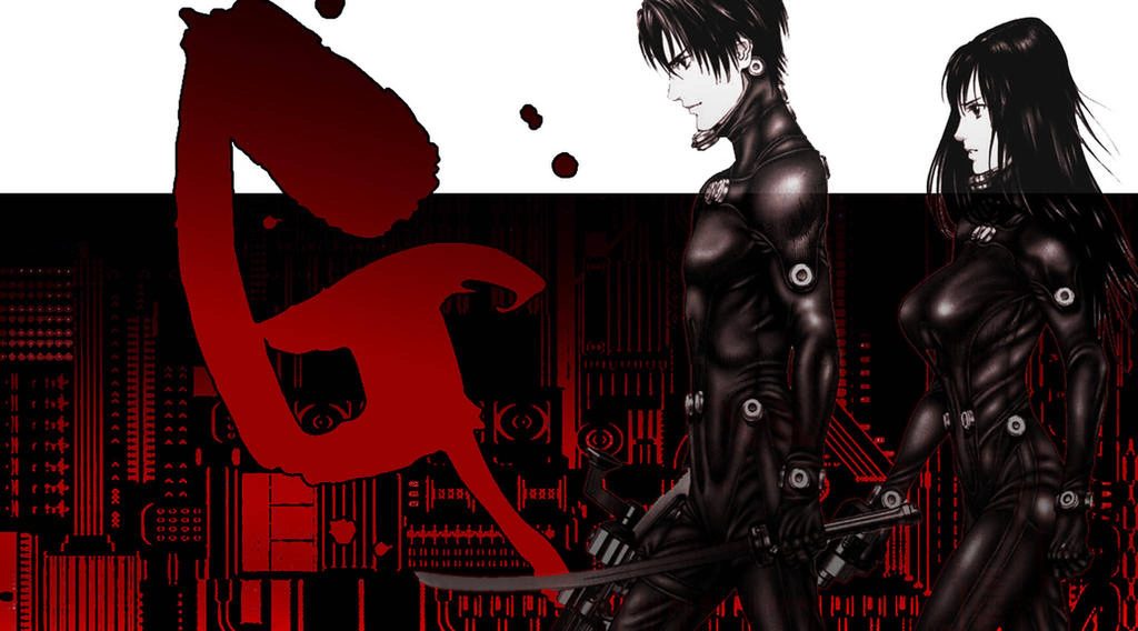 Gantz anime wallpaper with characters in black tactical suits red black sci fi action background
