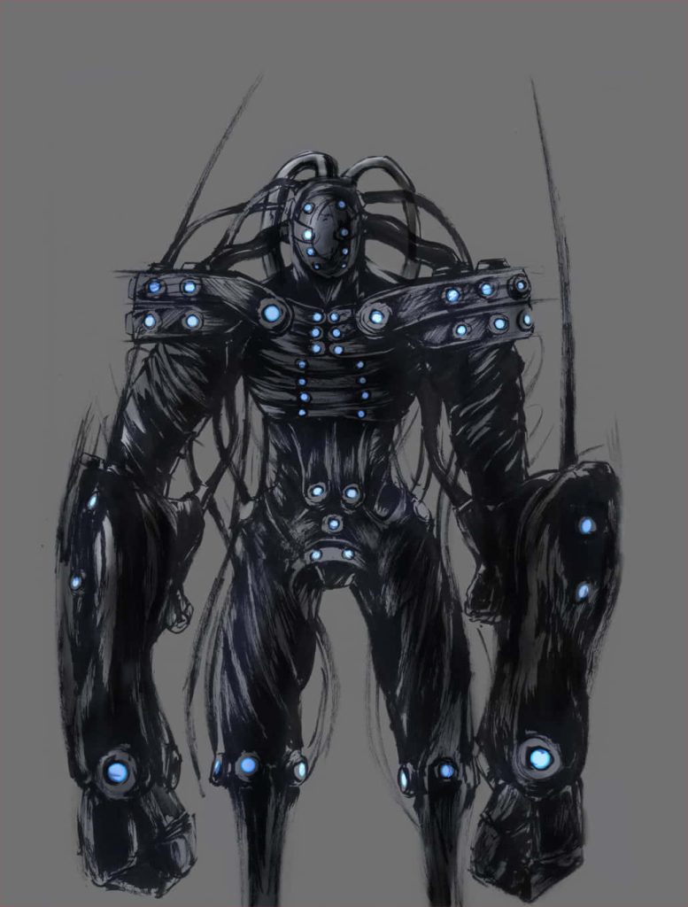 Gantz cybernetic hard suit with glowing blue accents dark sci fi armored wallpaper background