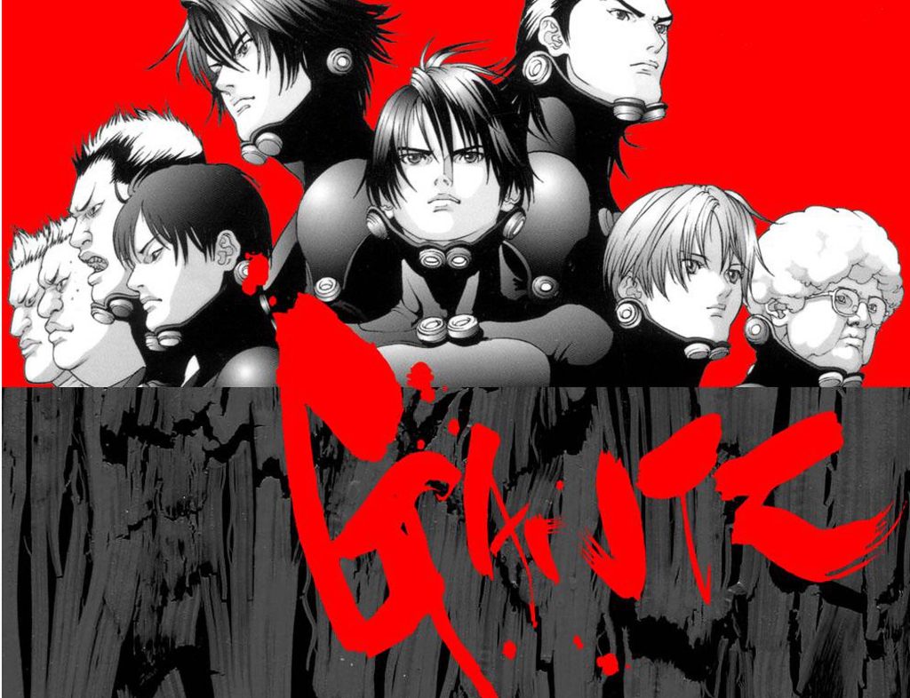Gantz wallpaper featuring Kei Kurono and fighters in black tech suits on red charcoal background