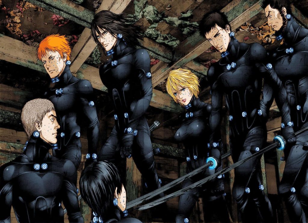 Gantz elite squad in black high-tech suits with glowing blue nodes in dark wooden setting Wallpaper