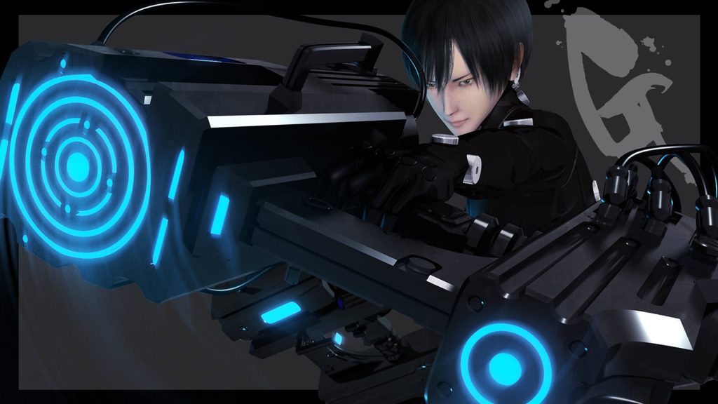 Gantz agent in black suit with futuristic glowing blue neon X-Gun 3D sci-fi wallpaper