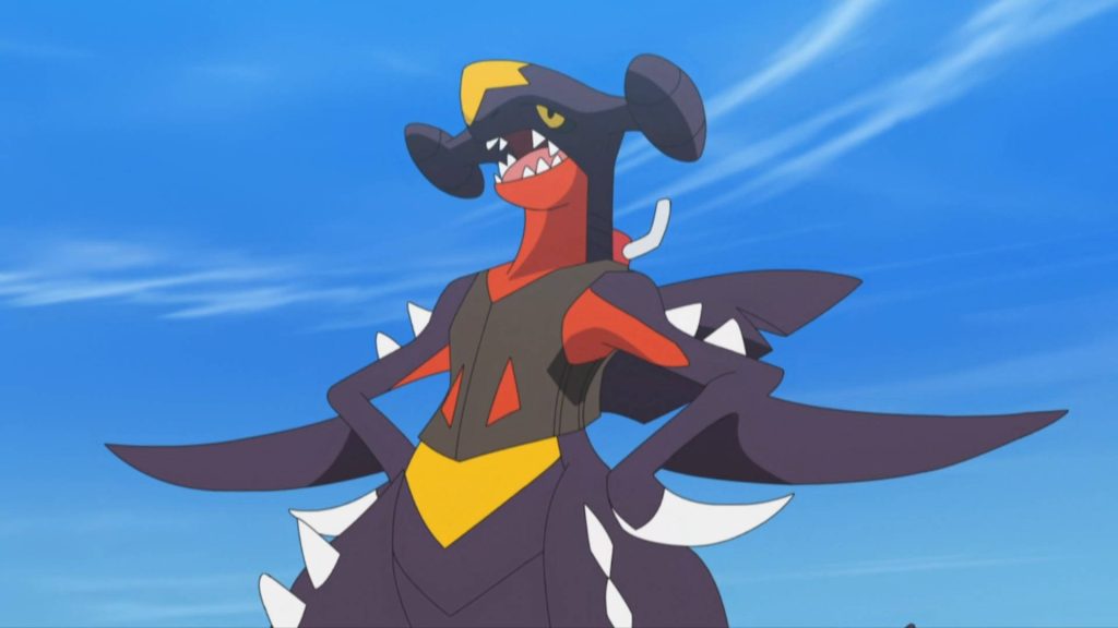Garchomp anime wallpaper with sharp teeth and vibrant colors against bright blue sky background