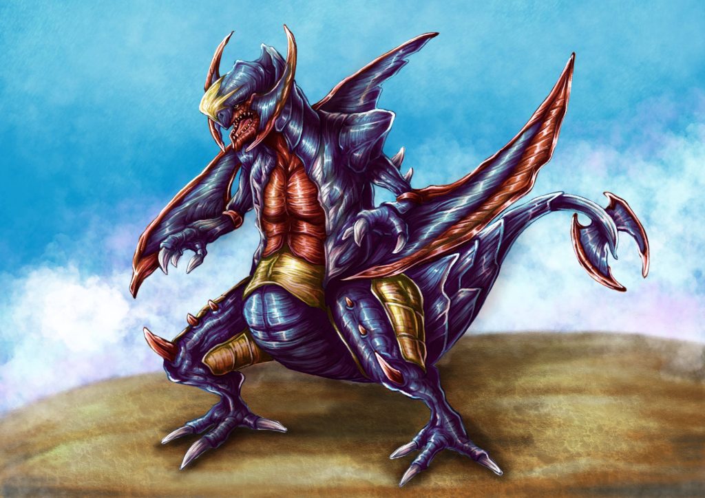 Garchomp fanart wallpaper fierce Dragon Pokémon dynamic stance vibrant cloudy sky detailed texture
