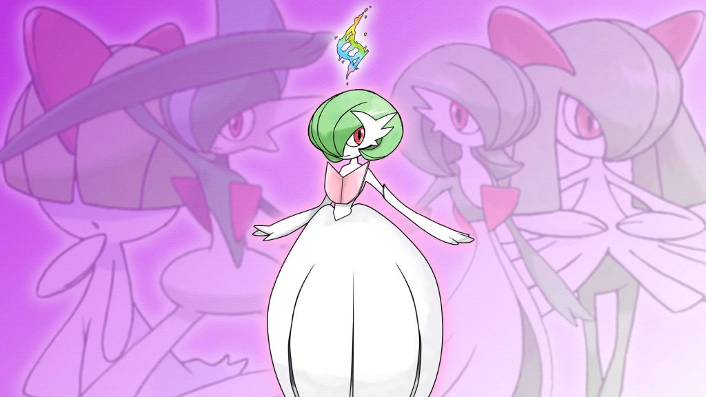 Gardevoir anime wallpaper with glowing rainbow crystal and purple background silhouettes