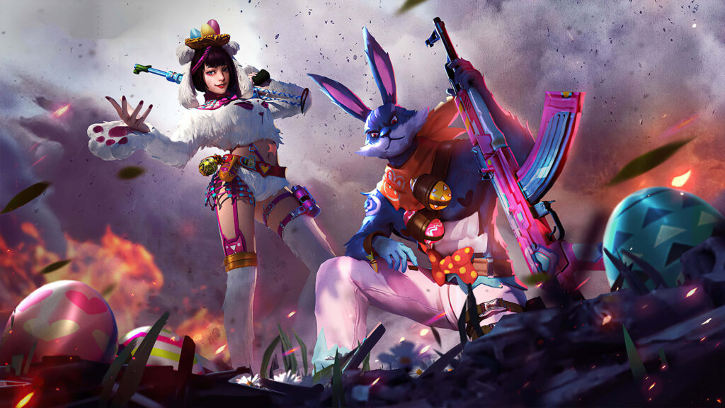 Garena Free Fire Kelly in festive bunny costume with Bunny Warrior Easter battleground wallpaper