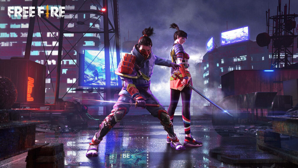 Garena Free-fire Samurai Duo Embrace Nighttime Ambience with Swords in Hand Wallpaper