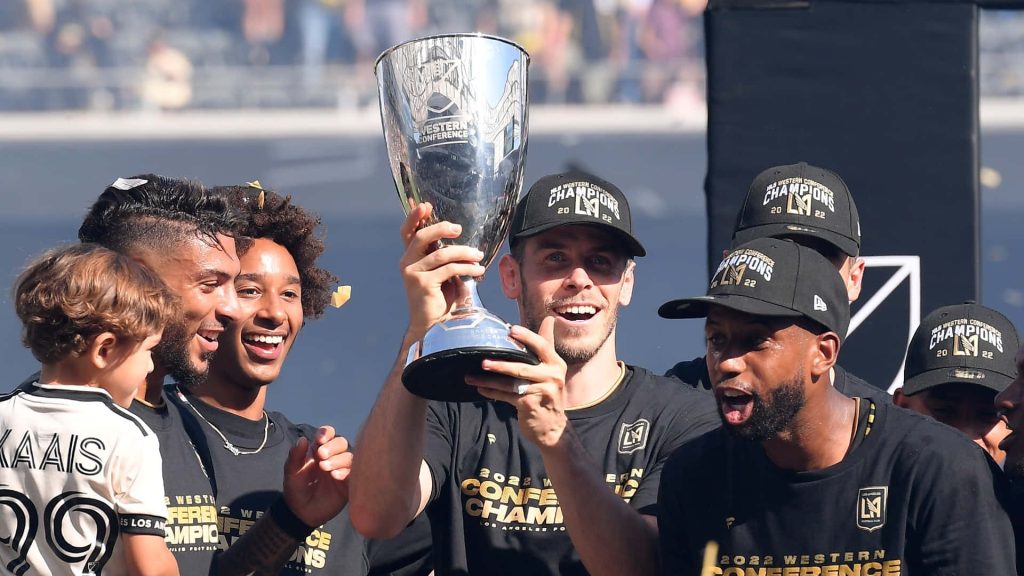 Gareth Bale celebrating 2022 LAFC Western Conference Championship trophy victory wallpaper background