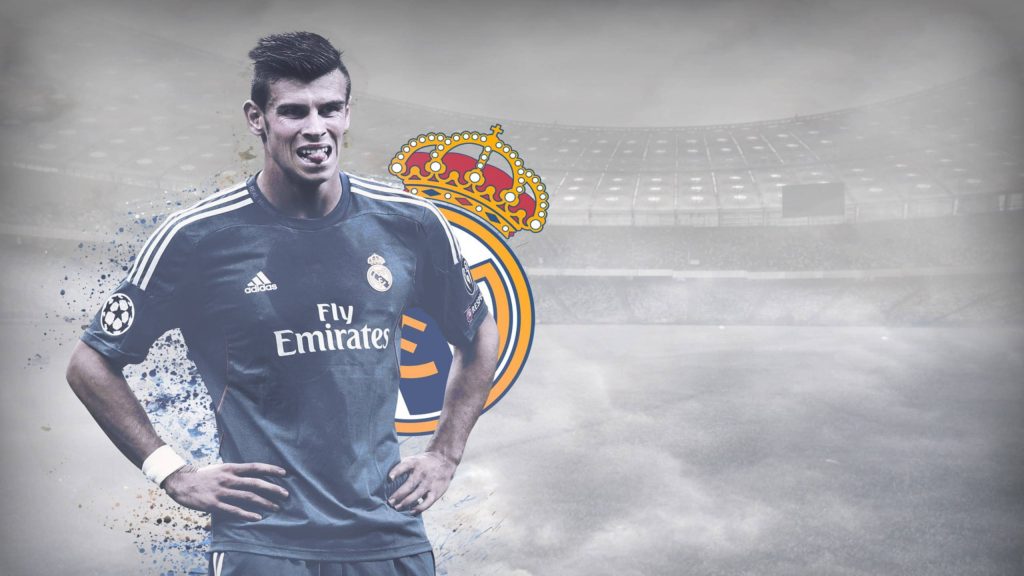 Gareth Bale in dark Real Madrid kit with bold club crest and moody stadium wallpaper background