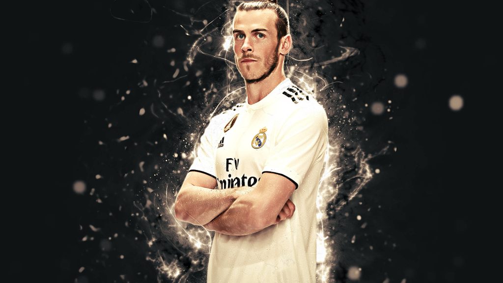 Gareth Bale in white Real Madrid jersey dynamic glowing light effects black background wallpaper