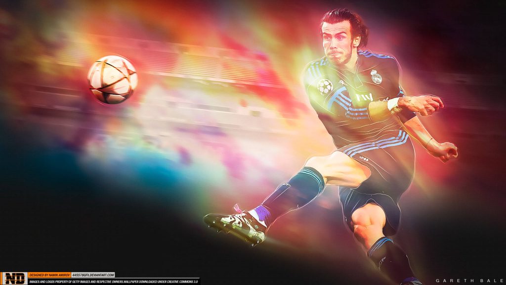 Gareth Bale mid-kick with vibrant lights and Champions League ball Real Madrid wallpaper