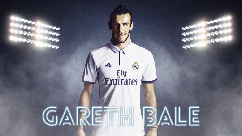 Gareth Bale Real Madrid wallpaper glowing neon name smoky stadium floodlights football icon
