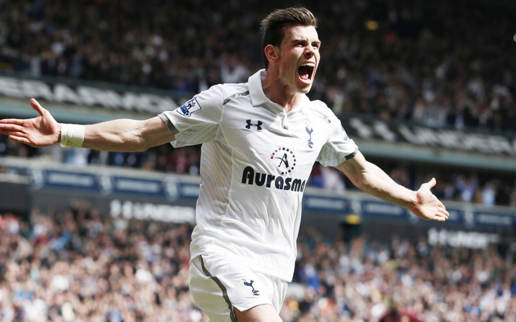 Gareth Bale celebrating goal in white Tottenham Hotspur kit vibrant football stadium wallpaper