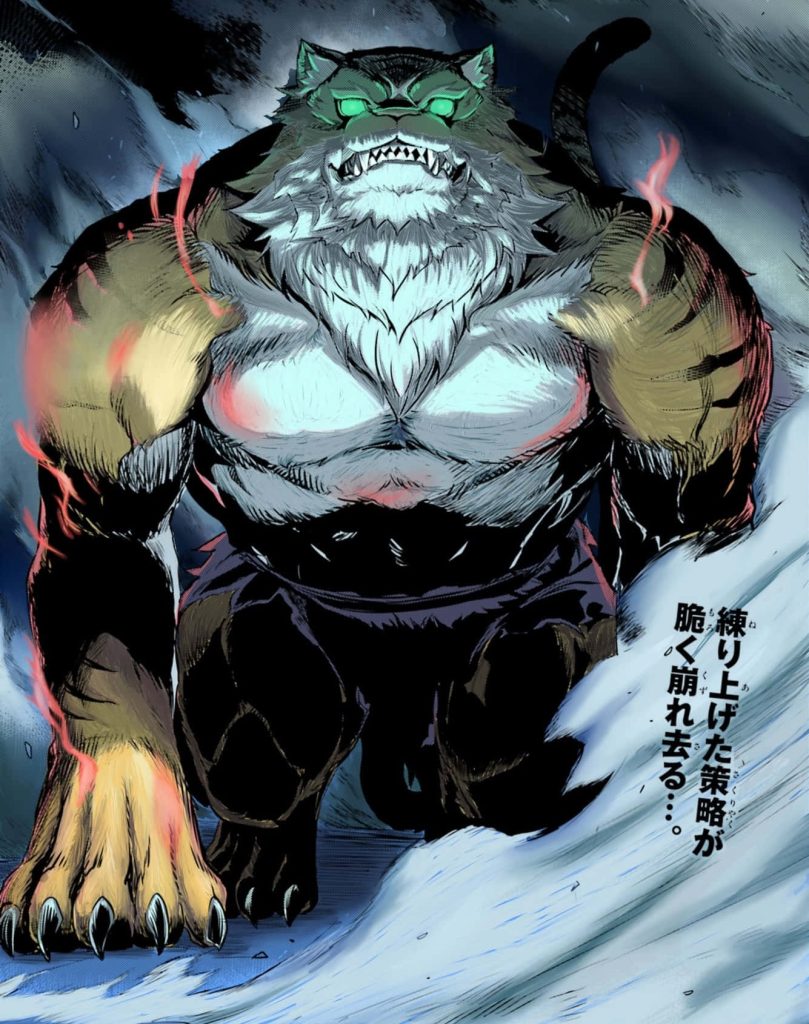 Garfiel Tinsel beast form anime wallpaper with glowing green eyes and fiery red aura background