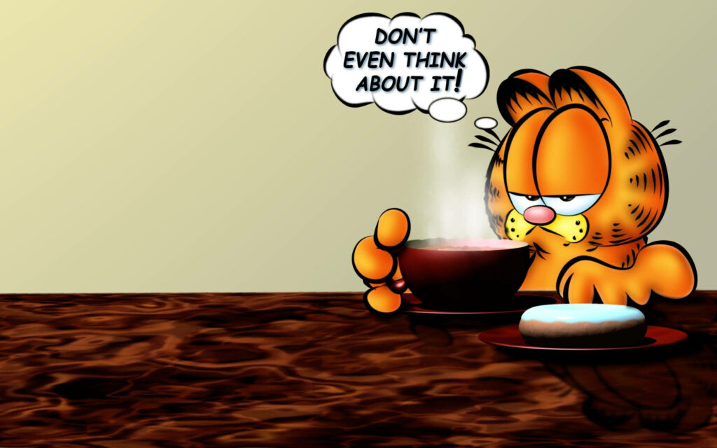 Garfield at table with hot food and donut showing boss attitude saying Dont even think about it wallpaper