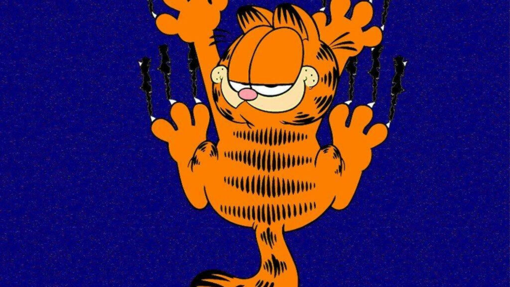 Garfield scratching claws on blue background leaving visible playful scratch marks wallpaper
