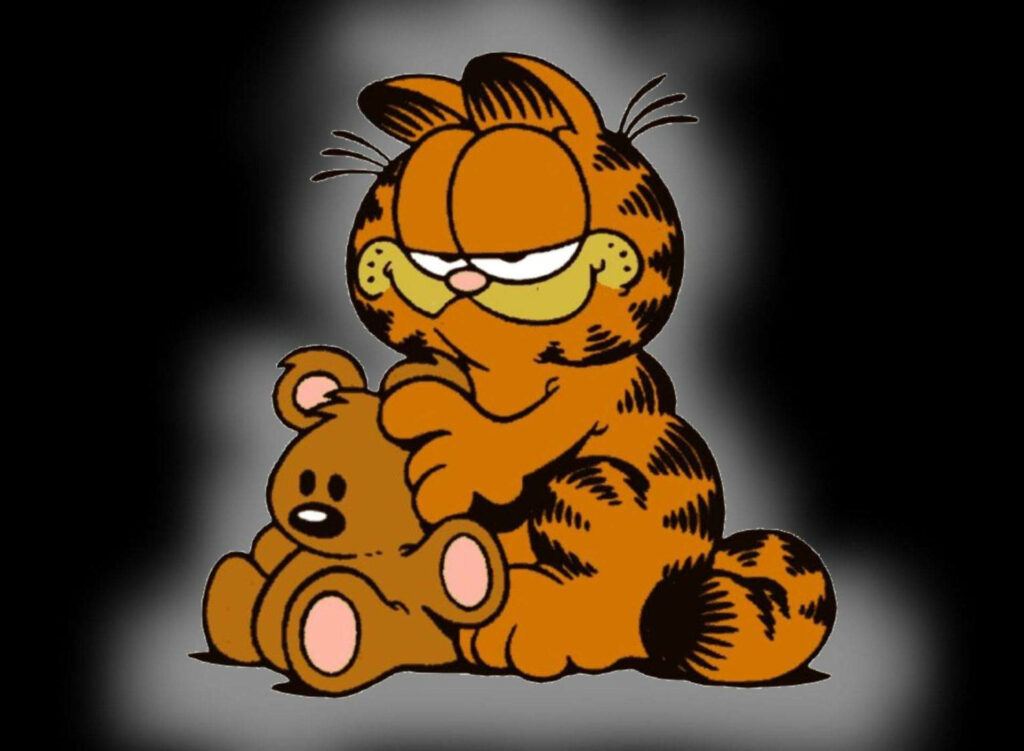 Garfield hugging his Pooky bear on dark soft background showing close friendship wallpaper