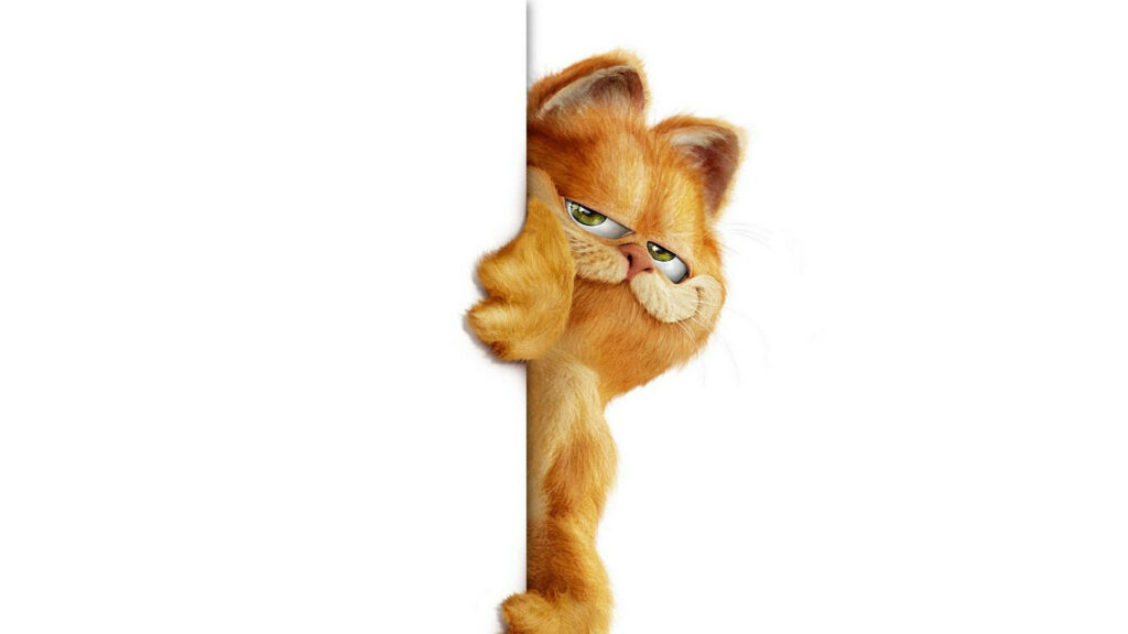Garfield playfully peeking from white wall charming wallpaper background with mischievous cat