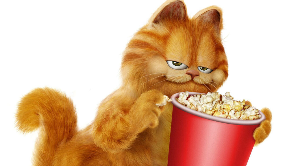 Garfield enjoying popcorn with his relaxed smile on a playful colorful wallpaper background