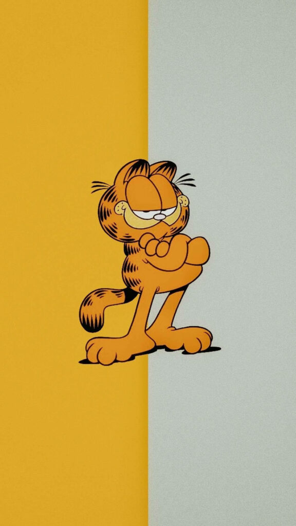 Garfield cartoon cat wallpaper standing confidently on yellow and gray modern background