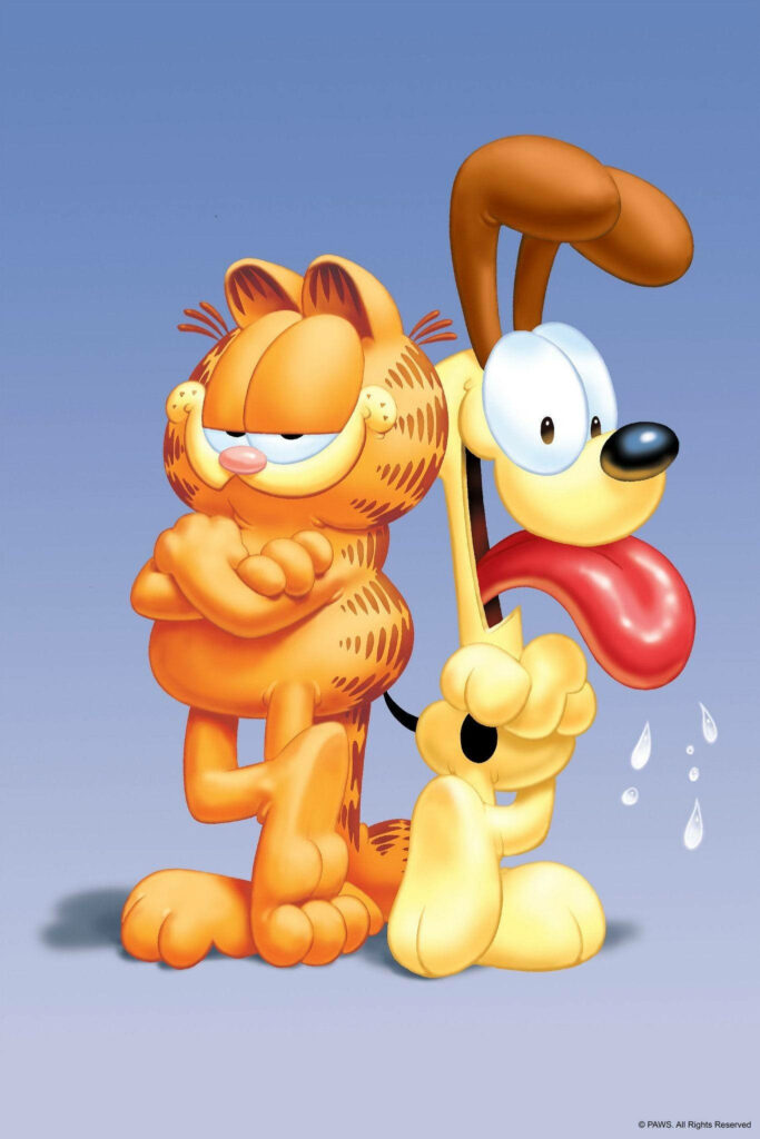 Garfield and Odie playful best friends colorful wallpaper light blue background cartoon characters
