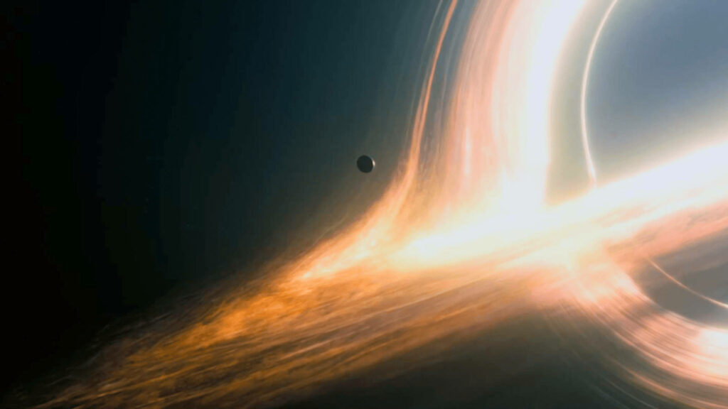 Gargantua black hole with glowing accretion disk and light distortion from Interstellar wallpaper
