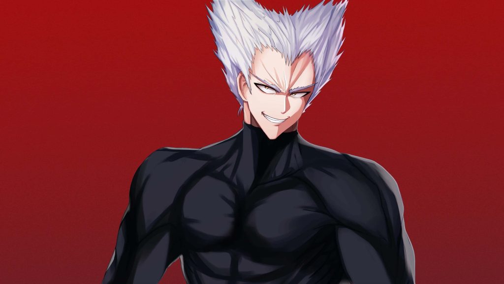 Garou One Punch Man anime wallpaper intense spiky silver hair menacing smirk red background