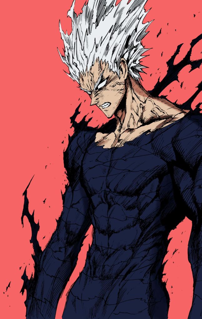 Garou One Punch Man awakened monster form white hair dark muscular figure red background wallpaper