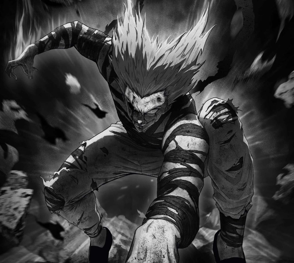 Garou One Punch Man black and white action wallpaper gritty intense battle stance illustration
